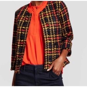 A New Day Womens Plaid Tweed Jacket Collarless Boucle Blazer Red Black Yellow